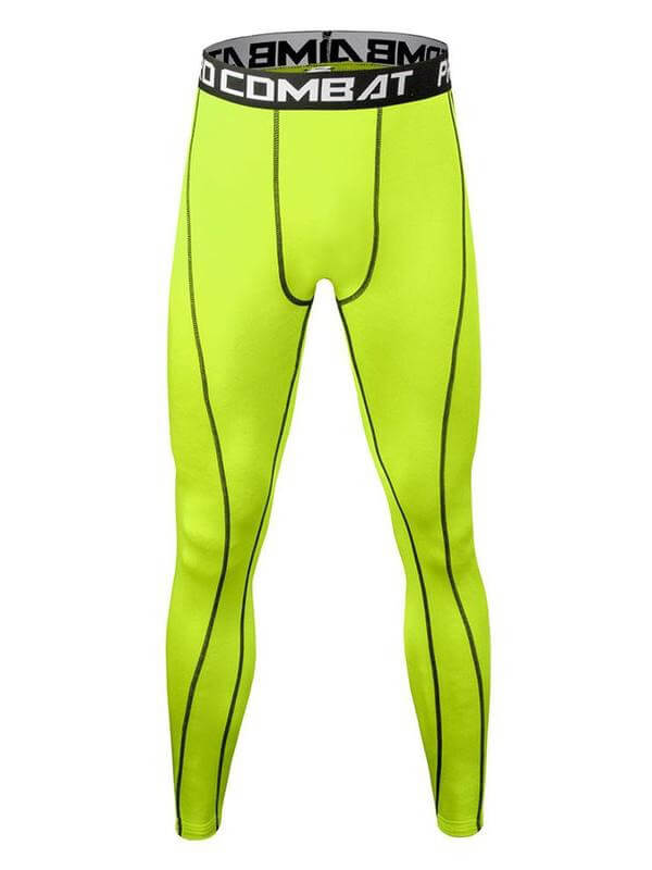 Neon green men's compression tight leggings for running with black elastic waist, designed for comfort and flexibility. SF0412.